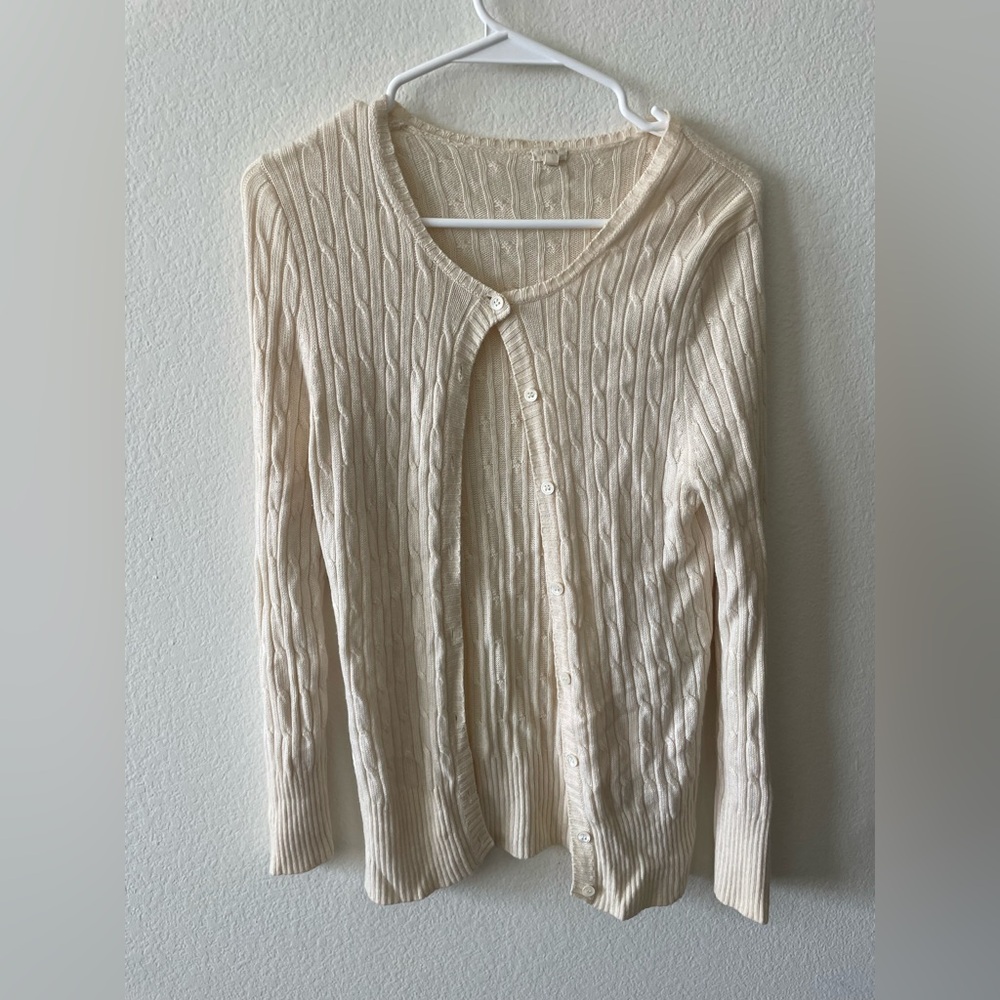 J crew cream lightweight knit button up long sleeve crew neck sweater cardigan